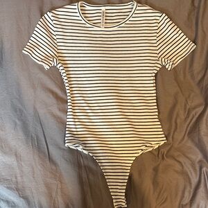Lulu's Basics Ribbed Knit Black and White Striped Bodysuit